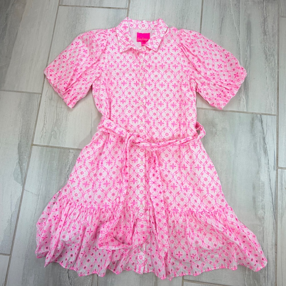 Lilly Pulitzer Cartley Eyelet Shirtdress Resort White 4 Puff Sleeve Ruffle Hem 4